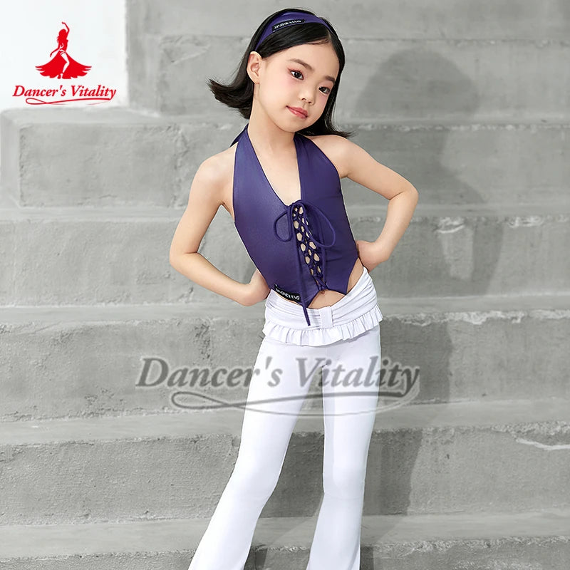 Girls' Purple Halter Lace-Up Ruffled Latin Dance Dress