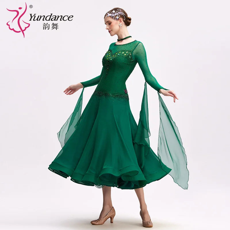 Women's Standard Ballroom Dance Dress Long Chiffon Green For Competition