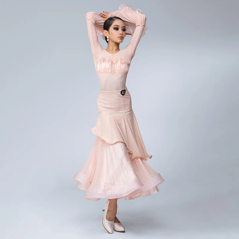 Women's Peach Ruffled Mesh Long Sleeve Ballroom Dance Dress with Layered Skirt