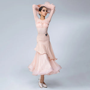 Women's Peach Ruffled Mesh Long Sleeve Ballroom Dance Dress with Layered Skirt