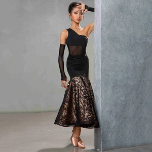 Women's Black One-Shoulder Mesh & Lace Ballroom Dance Dress with Arm Sleeves