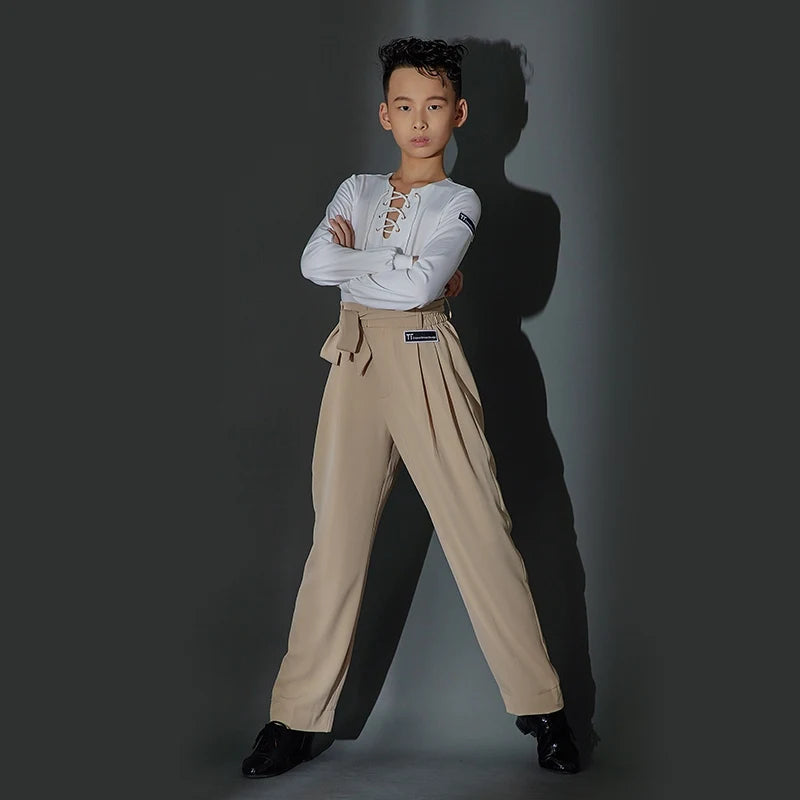 Boys Ballroom Dance Shirt with Lace-Up Neckline and High-Waisted Trousers, White, Lavender, Black Long Sleeve Latin Dance Top and Pants Set