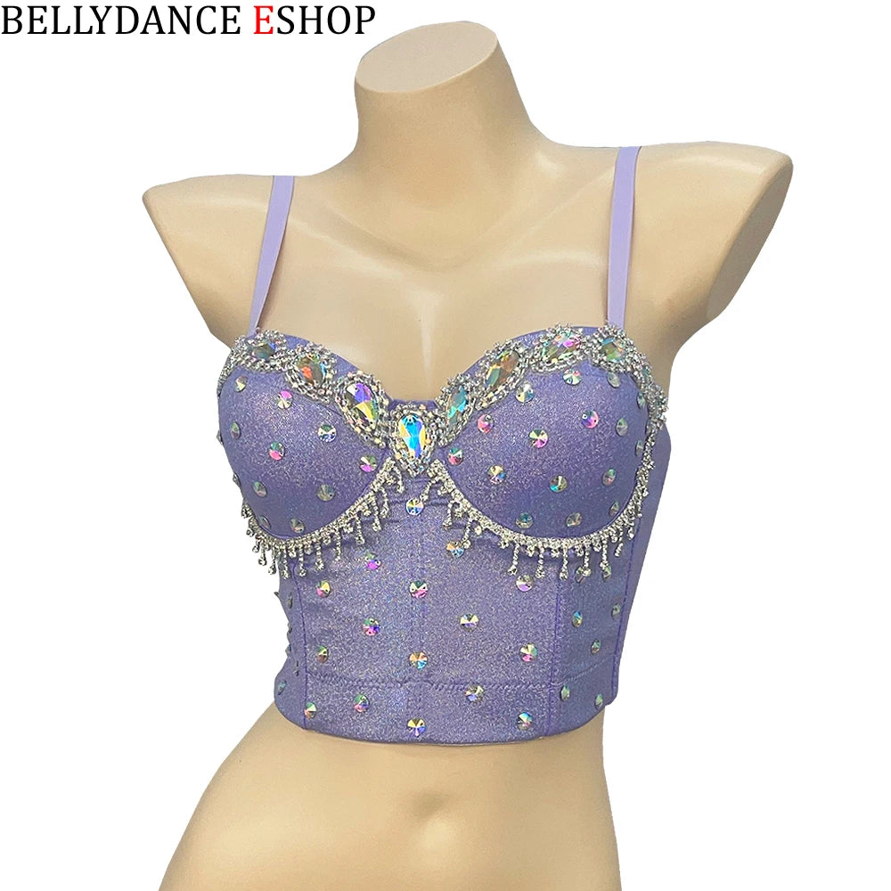 Belly Dance Bra Top, Women's Lavender Sequin & Rhinestone Embellished Dance Costume Top, Belly Dancing