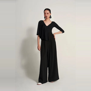 Women's Black V-Neck Long Sleeve Top and Wide-Leg Pants Set, Pleated, Ballroom Dance