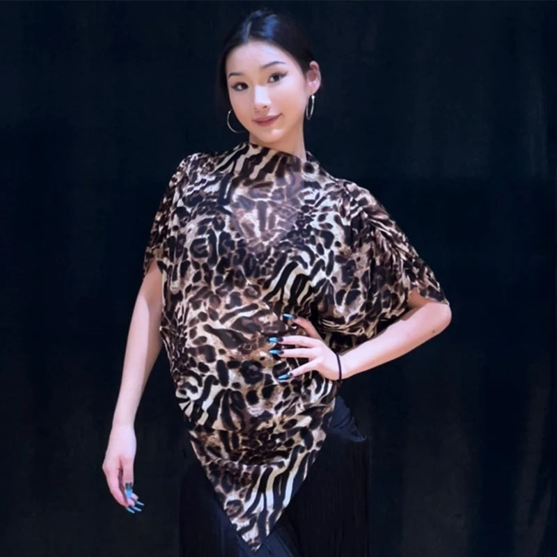 Women's Brown Leopard Print Off-Shoulder Batwing Sleeve Latin Dance Top