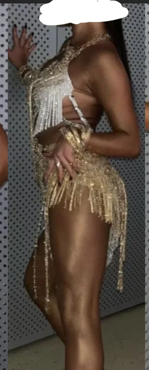Women's Gold & White Fringe Sequin Latin Dance Dress with Cutouts