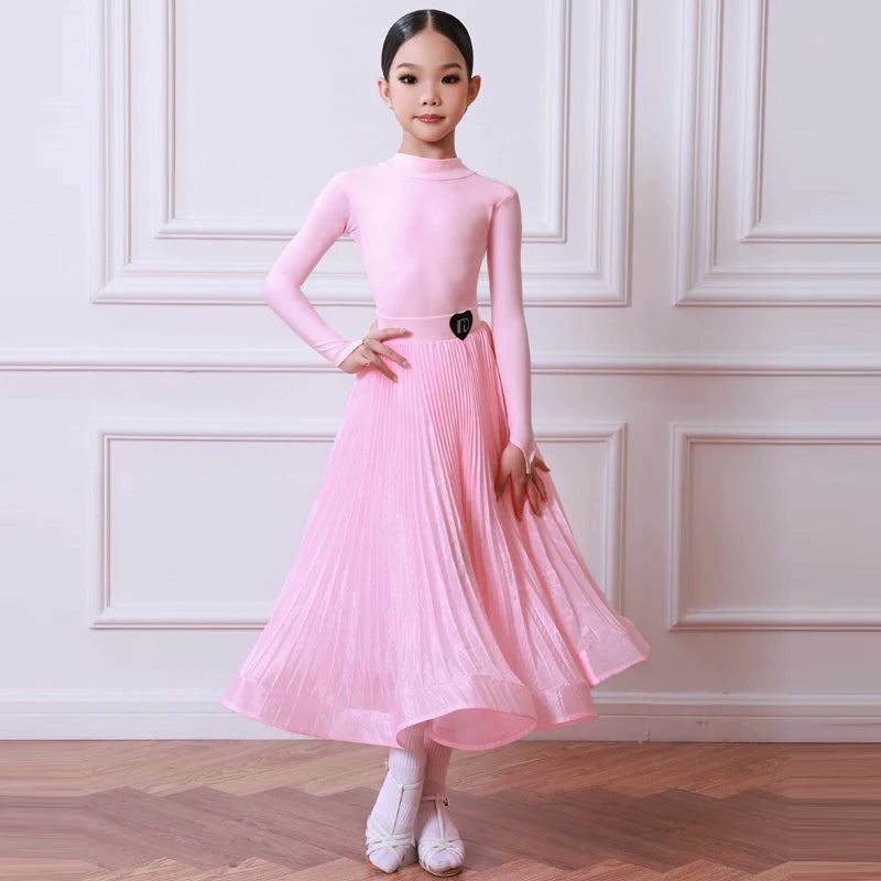 Girls Pink Long Sleeve Pleated Ballroom Dance Dress with Heart Logo