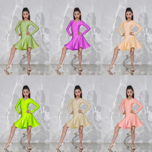 Girls Ballroom Dance Dress, Long Sleeve V-Neck Ruffle Skirt Latin Dance Costume