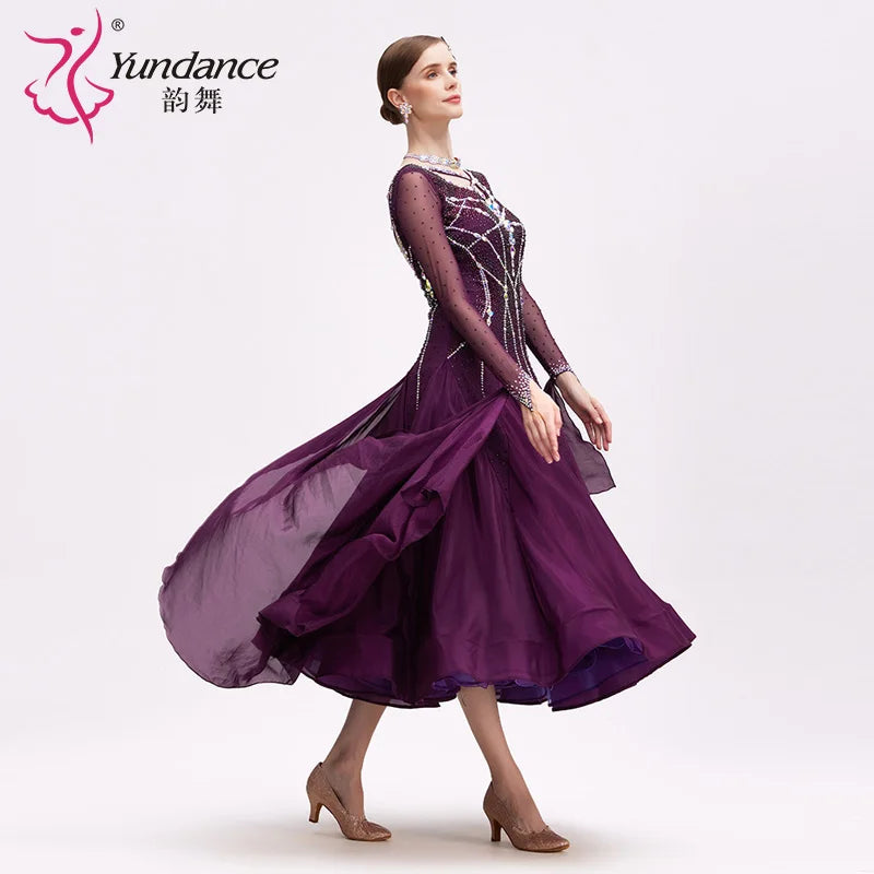 Women's Long Standard Ballroom Dance Dress With Rhinestones Satin Chiffon Purple For Performance