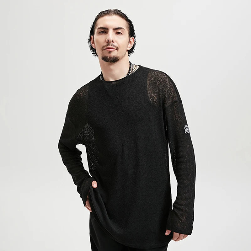 Men's Black Sheer Knit Long Sleeve Loose Fit Dance Top