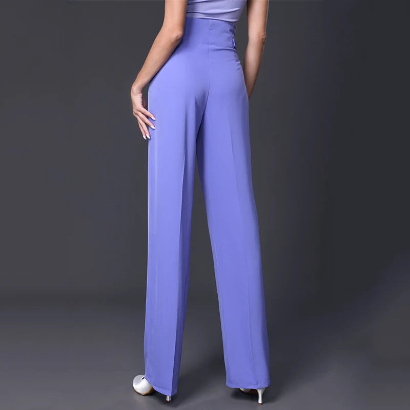 Women's White/Lavender/Black Off-Shoulder/Square Neck/Asymmetrical Ruffle Top with Pink/Lavender/Purple High-Waisted Wide-Leg Pants for Ballroom Dance