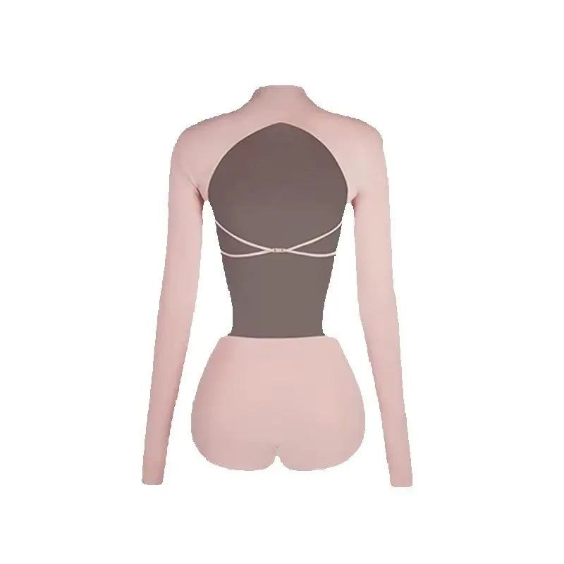 Women's Pink Long Sleeve Mock Neck Cut-Out Bodysuit with Black Asymmetrical Wrap Skirt for Latin Dance