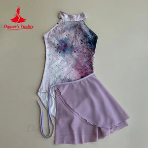 Dance Leotard and Skirt Set, Women's, White/Multi-color, Halter Neck Watercolor Print Leotard, Pleated Chiffon Skirt, Ballet/Lyrical Dance