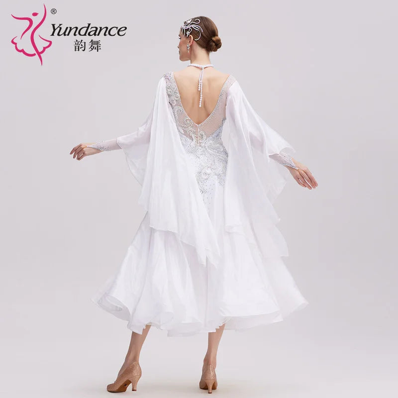 Women's Ballroom Dance Competition Dress In White Pearl Silk For Performance