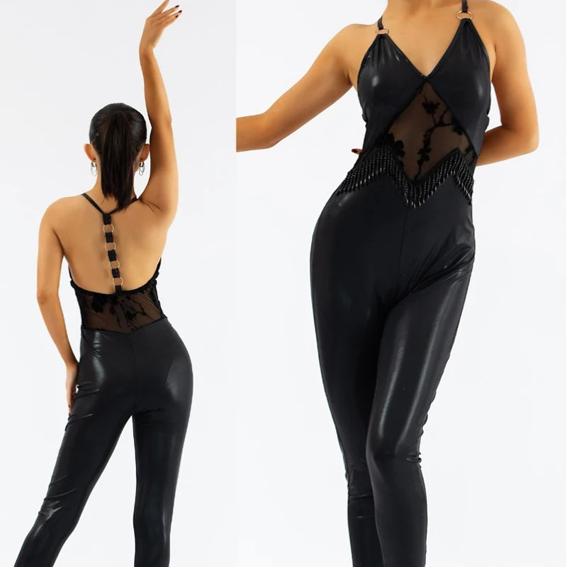 Women's Black Shiny Halter Neck Jumpsuit with Sheer Lace and Beaded Detail for Latin Dance