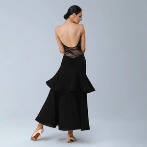 Women's Black Lace & Ruffled Latin Dance Dress with Open Back