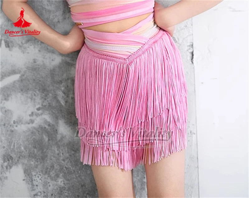 Girls Pink Striped Strapless Fringe Latin Dance Dress