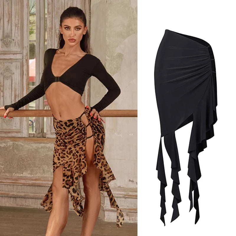 Women's Black Long Sleeve Crop Top and Leopard Print Asymmetrical Slit Skirt Latin Dancewear Set