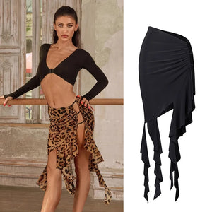 Women's Black Long Sleeve Crop Top and Leopard Print Asymmetrical Slit Skirt Latin Dancewear Set