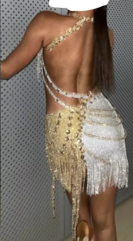 Women's Gold & White Fringe Sequin Latin Dance Dress with Cutouts