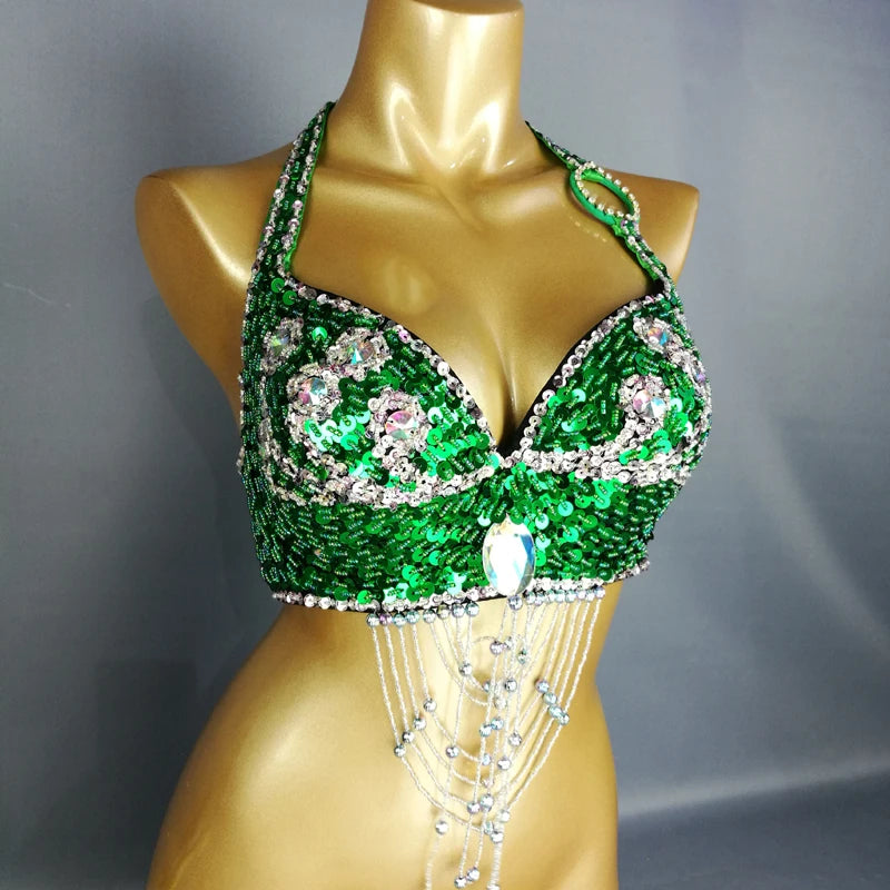 Belly Dance Halter Top, Women's Teal Sequin & Beaded Crystal Bra with Dangles, Performance Costume