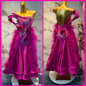 Latin Dance Dress Women's Fuchsia Sequin Embellished Feathered Asymmetrical Ruffle Hem Performance Dress