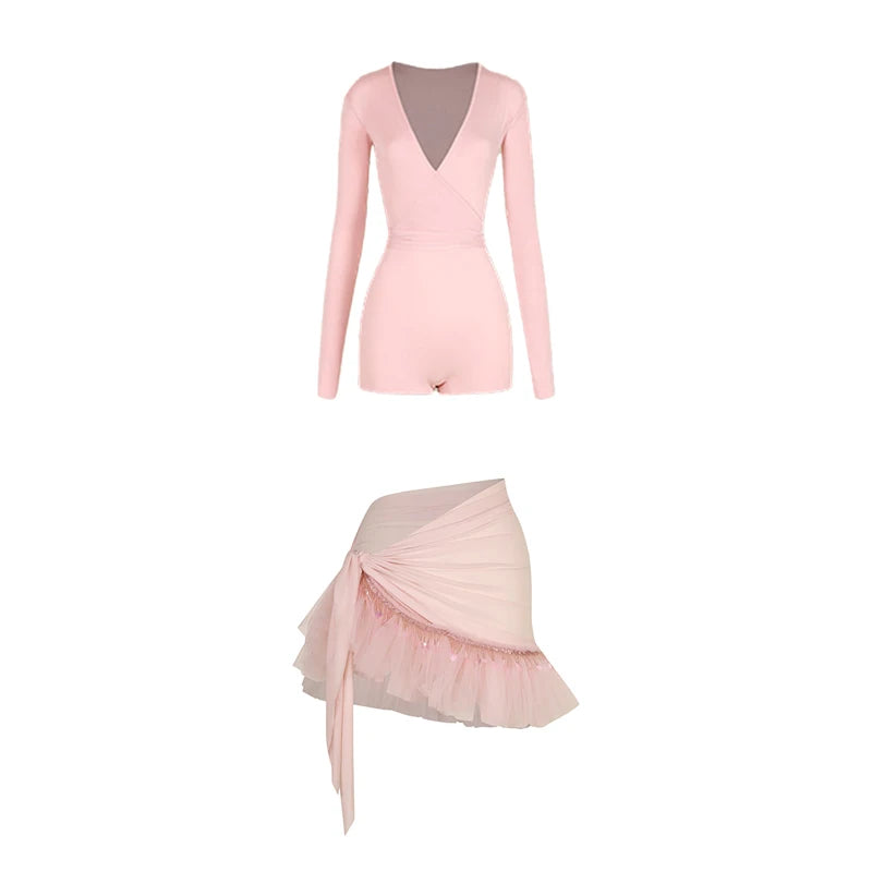 Women's Pink V-Neck Long Sleeve Bodysuit with Ruffled Sequin Wrap Skirt Latin Dance Dress