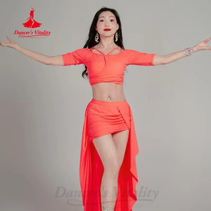 Women's Magenta V-Neck Crop Top and High-Low Skirt Set with Ruched Details for Belly Dance