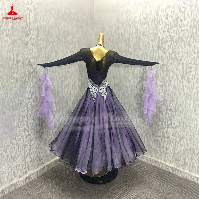 Women's Standard Ballroom Dance Dress With AB Rhinestones Black-Purple For Competition Waltz Foxtrot Tango