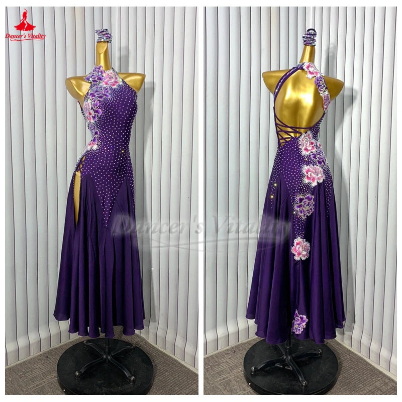 Women's Purple Halter Neck Rhinestone & Floral Applique Backless Standard Ballroom Dance Dress