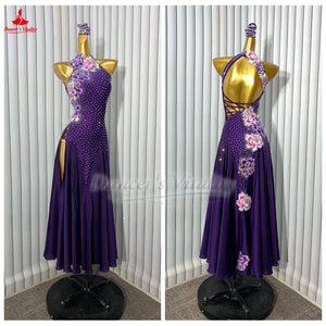 Women's Purple Halter Neck Rhinestone & Floral Applique Backless Standard Ballroom Dance Dress