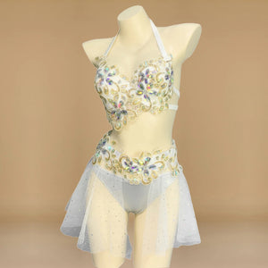 Belly Dance Women's White and Gold Sequin and Rhinestone Halter Top and Skirt Set with Sheer Overlay, Bellydance Performance Costume