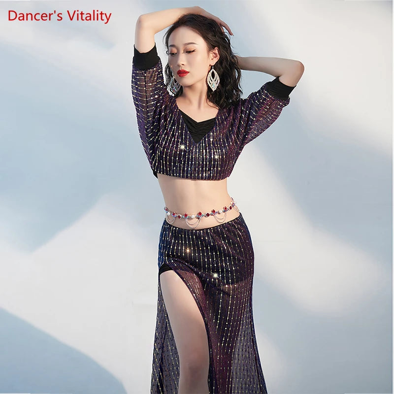 Women's Purple Sequin Mesh Crop Top & High Slit Skirt Belly Dance Costume
