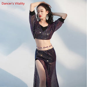 Women's Purple Sequin Mesh Crop Top & High Slit Skirt Belly Dance Costume