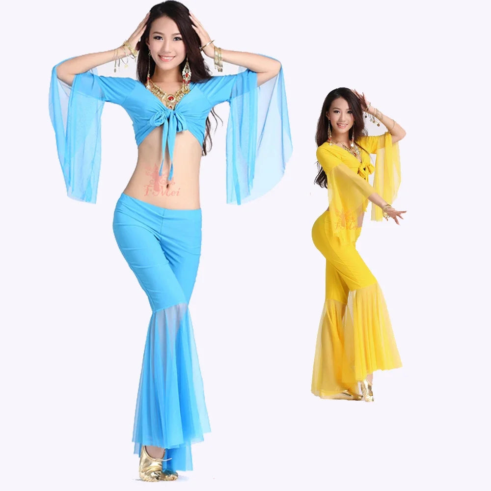 Belly Dance Costume Women's Purple Chiffon Long Sleeve Crop Top and Flare Pants Set