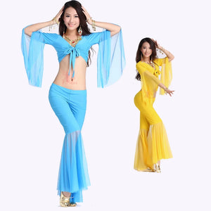 Belly Dance Costume Women's Purple Chiffon Long Sleeve Crop Top and Flare Pants Set
