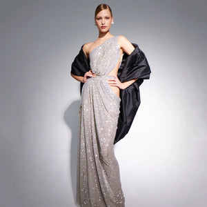 Elegant Silver Sequin One-Shoulder Long Dress with Side Cut-Out for Evening Events