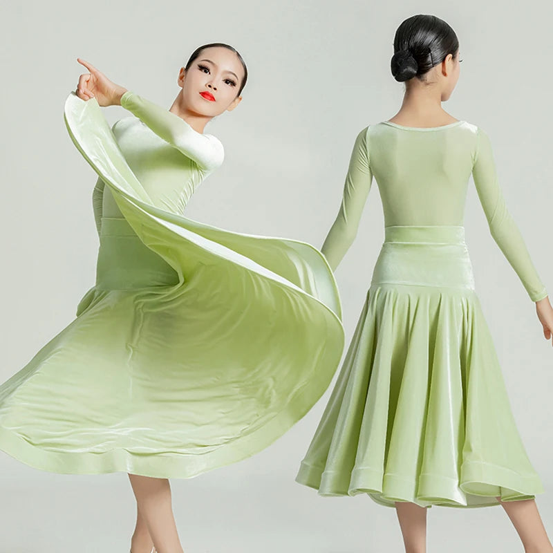 Girls' Velvet Long Sleeve Leotard & Skirt Set, Ballroom Latin Dance Costume