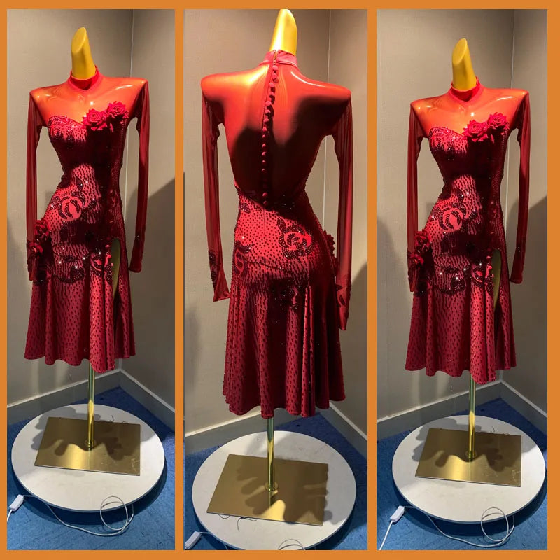 Women's Red Sequin & Rose Appliqué Mesh Latin Rhythm Dance Dress