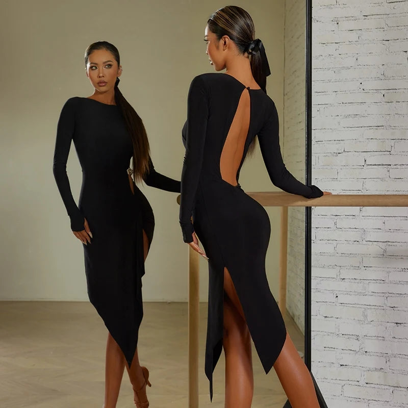 Dance Dress Women's Black Long Sleeve Side Cut-Out Asymmetrical Hem Ballroom Latin Dance Dress