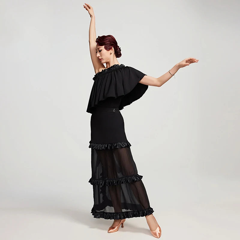 Women's Black One-Shoulder Ruffle Chiffon Tiered Latin Ballroom Dance Dress