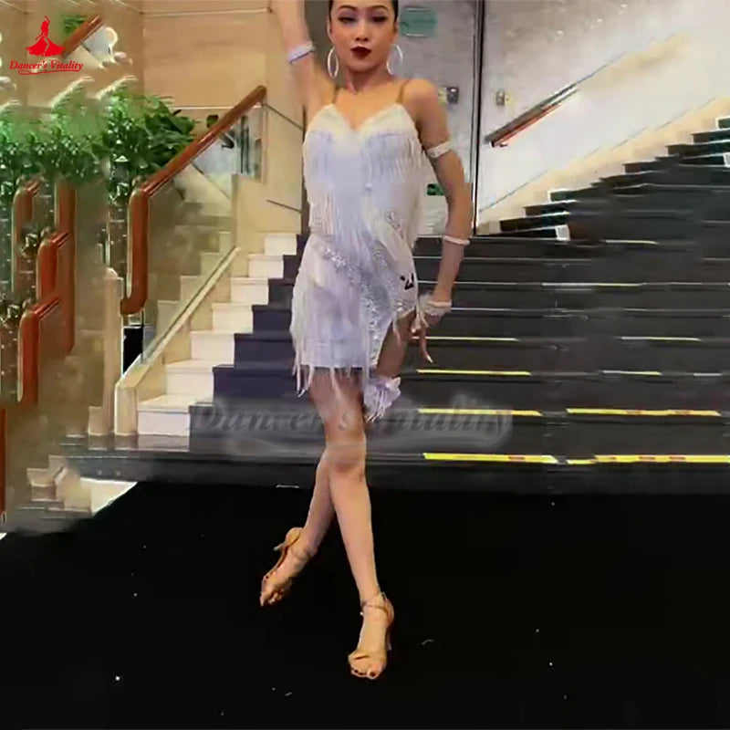 Women's Latin Ballroom Dance Dress With Beaded Fringe Sleeveless For Competition And Performance