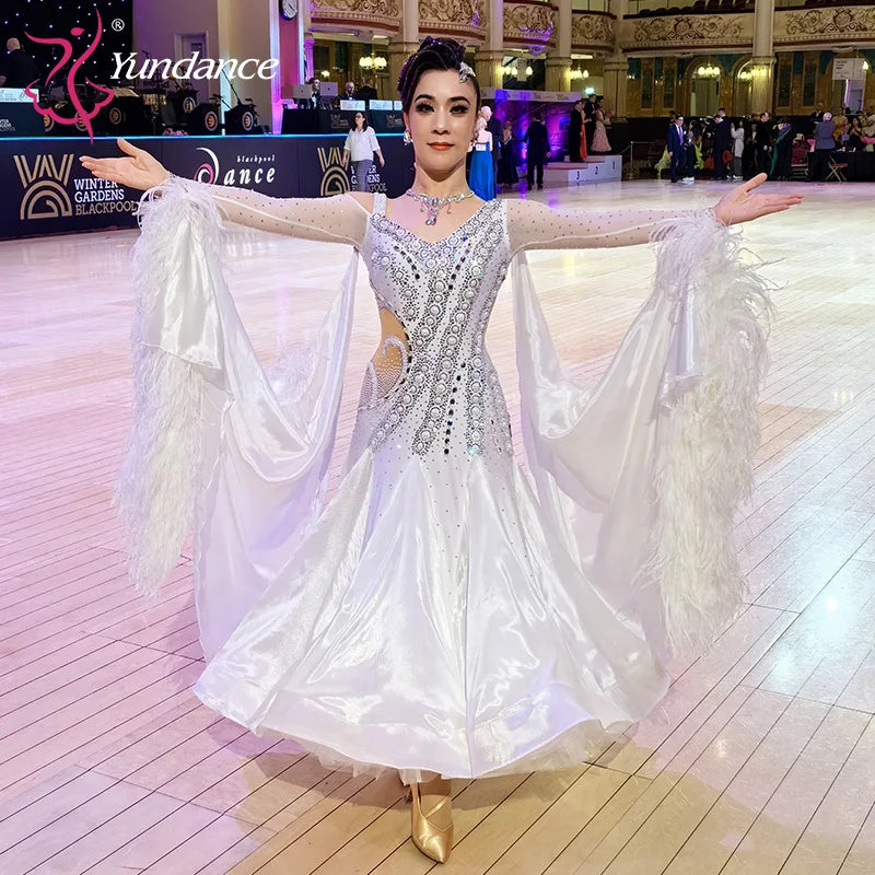 Women's Standard Ballroom Dance Dress In Chiffon With Ostrich Feathers For Competition