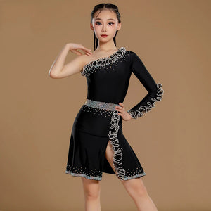 Girls Black One Shoulder Sequin Ruffle Latin Dance Dress