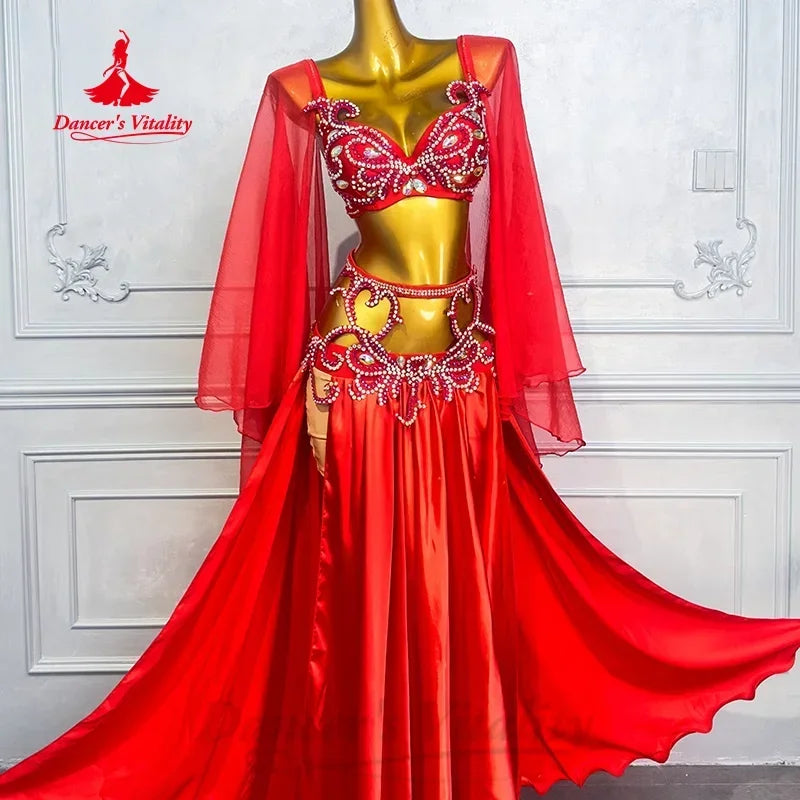 Women's Belly Dance Costume With AB Rhinestones Satin Two-Piece Set For Adult Professional Performance