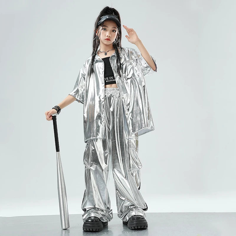 Kids' Silver Metallic Hip Hop Dance Costume Set, Loose Fit Short Sleeve Shirt & Cargo Pants