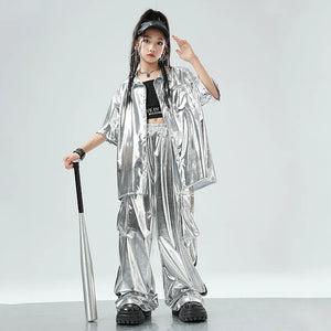Kids' Silver Metallic Hip Hop Dance Costume Set, Loose Fit Short Sleeve Shirt & Cargo Pants