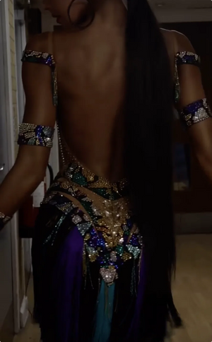 Latin Dance Dress Women's Gold Teal Purple Sequin Fringe Cutout Bodysuit with Medal