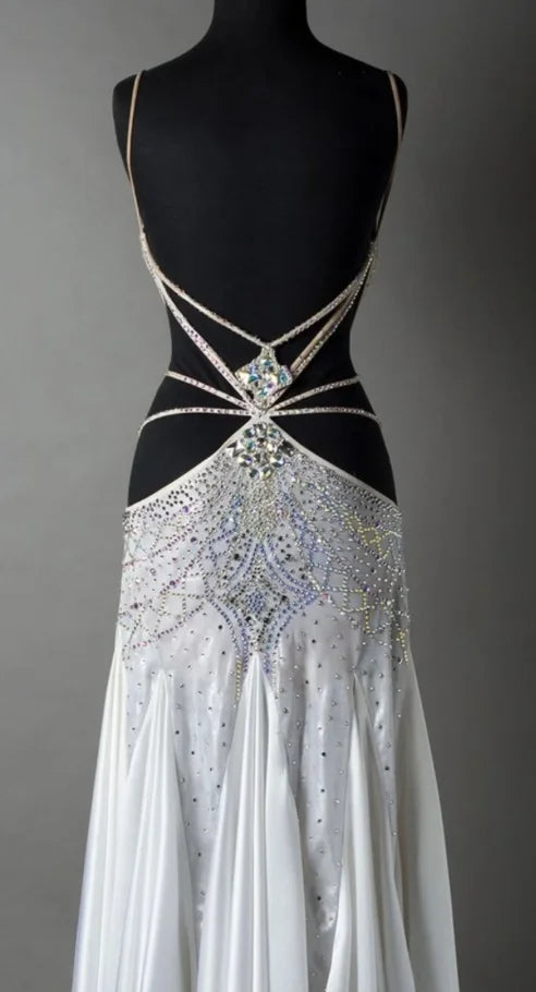 Women's White Embellished Cut-Out Ballroom Dance Dress with Mesh Neckline and Flowing Skirt