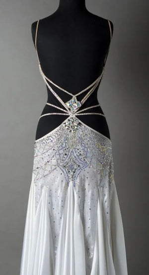 Women's White Embellished Cut-Out Ballroom Dance Dress with Mesh Neckline and Flowing Skirt